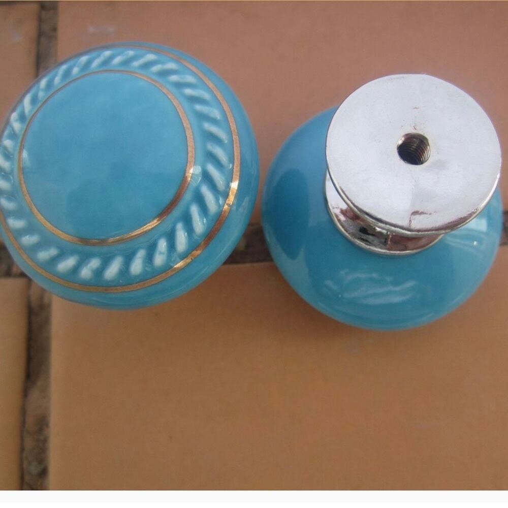 Tangpan 35mm Retro Blue Gold Ribbon Ceramic Door Knobs Cupboard Pull Handle 41ct